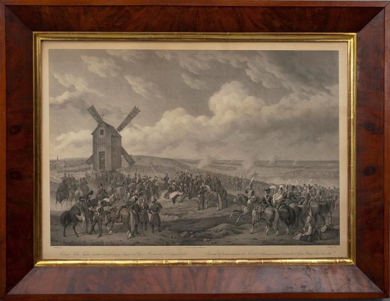 RAMAR, ett par, mahognyfanerade, delvis förgyllda, med LITOGRAFIER, 2 st, 1800-talets mitt.