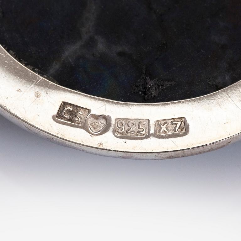 Riipukset, 4 kpl, hopea, spektroliitti, tiikerinsilmä, geodi, Christer Stenberg 1973-75.