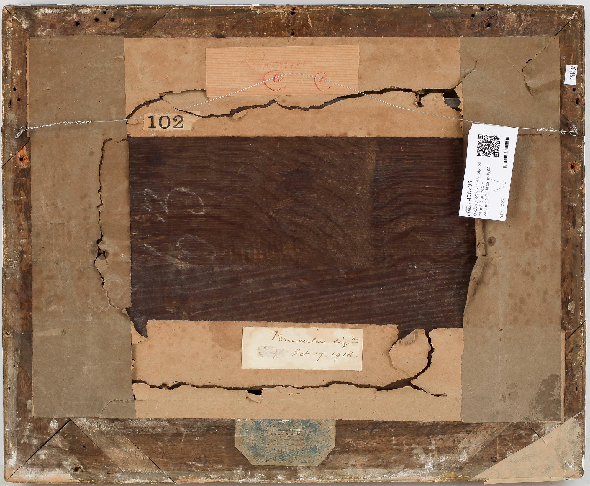 OKÄND KONSTNÄR, olja på pannå, signerad E Vermenlen?, daterad 1883.