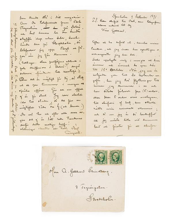 August Strindberg, handskrivet och undertecknat brev. Daterat Djursholm 9 september 1891.