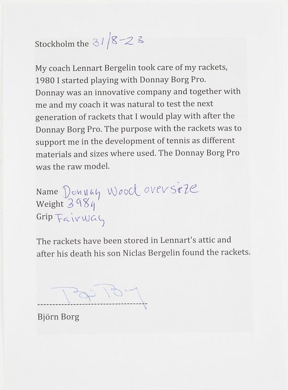 Tennisracket, Signerad Björn Borg. Donnay, speciellt framtaget racket i trä.