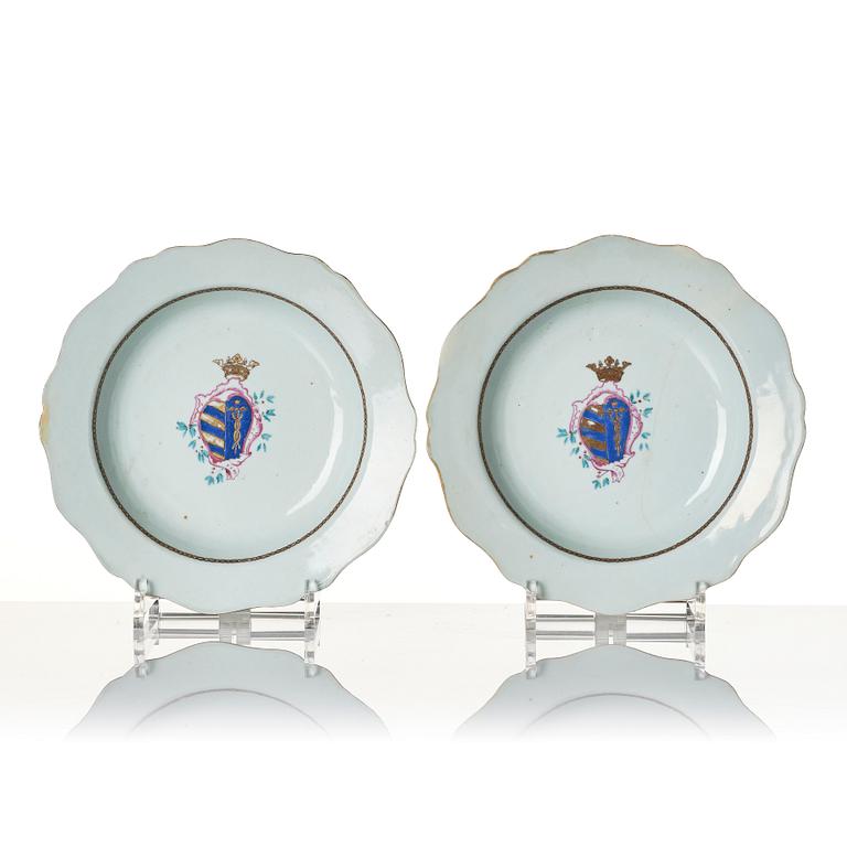 A pair of Chinese famille rose armorial plates, Qing dynasty, Qianlong (1736-95).