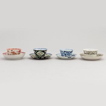 Four Chinese porcelain cups with saucers, Qing dynasty, Kangxi and Qianlong-perdiod, 18th century.