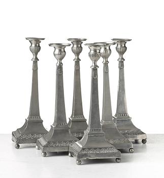 Six late Gustavian pewter candlesticks by P. H. Lundén, master in Lidköping 1797-1834.