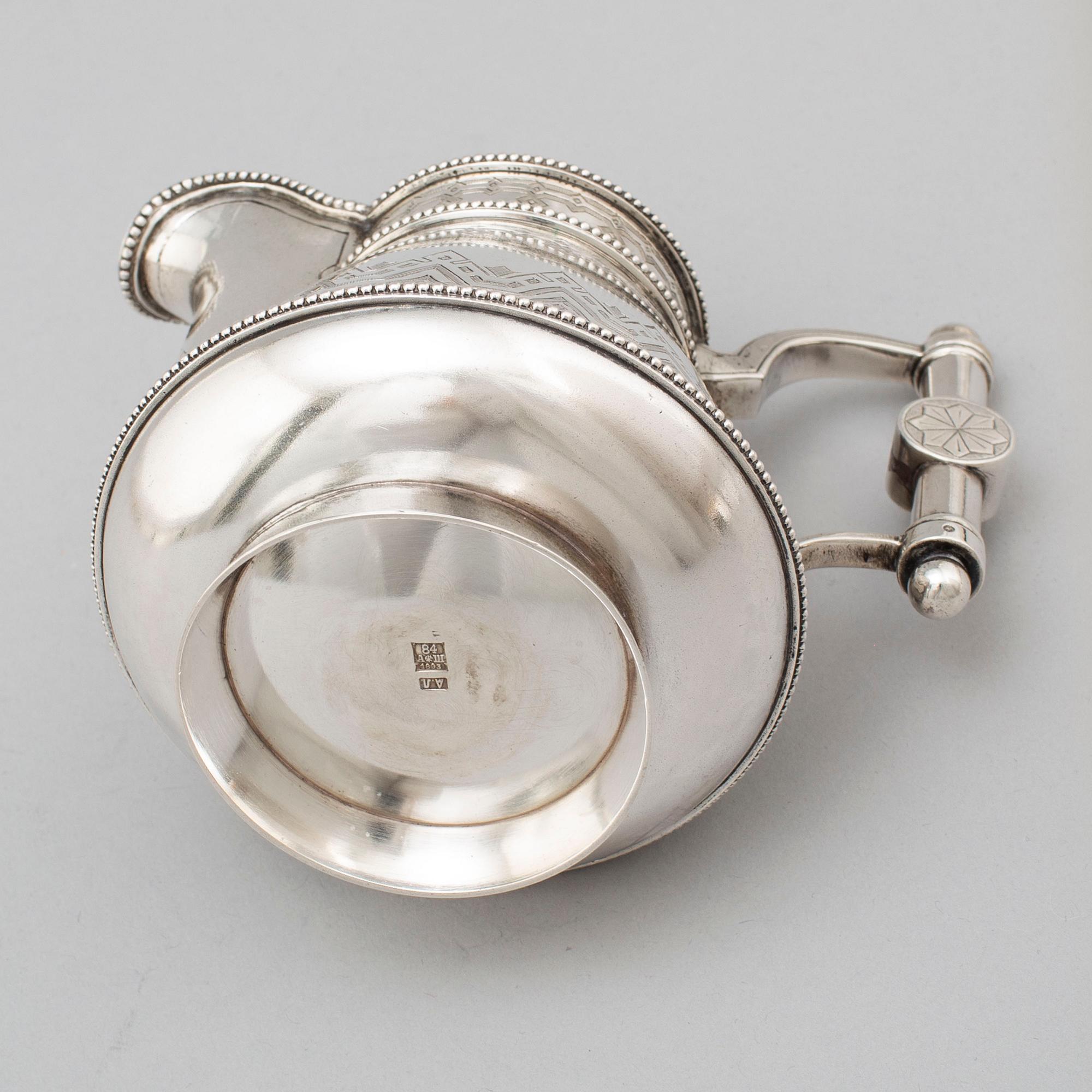 A Russian 19th century parcel-gilt silver tea pot and cream jug, mark possbly of Alexander Lokin, St. Petersburg 1893.