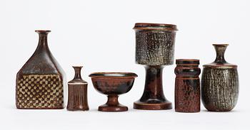 A set of six Stig Lindberg stoneware miniatures, Gustavsberg studio 1960's-70's.