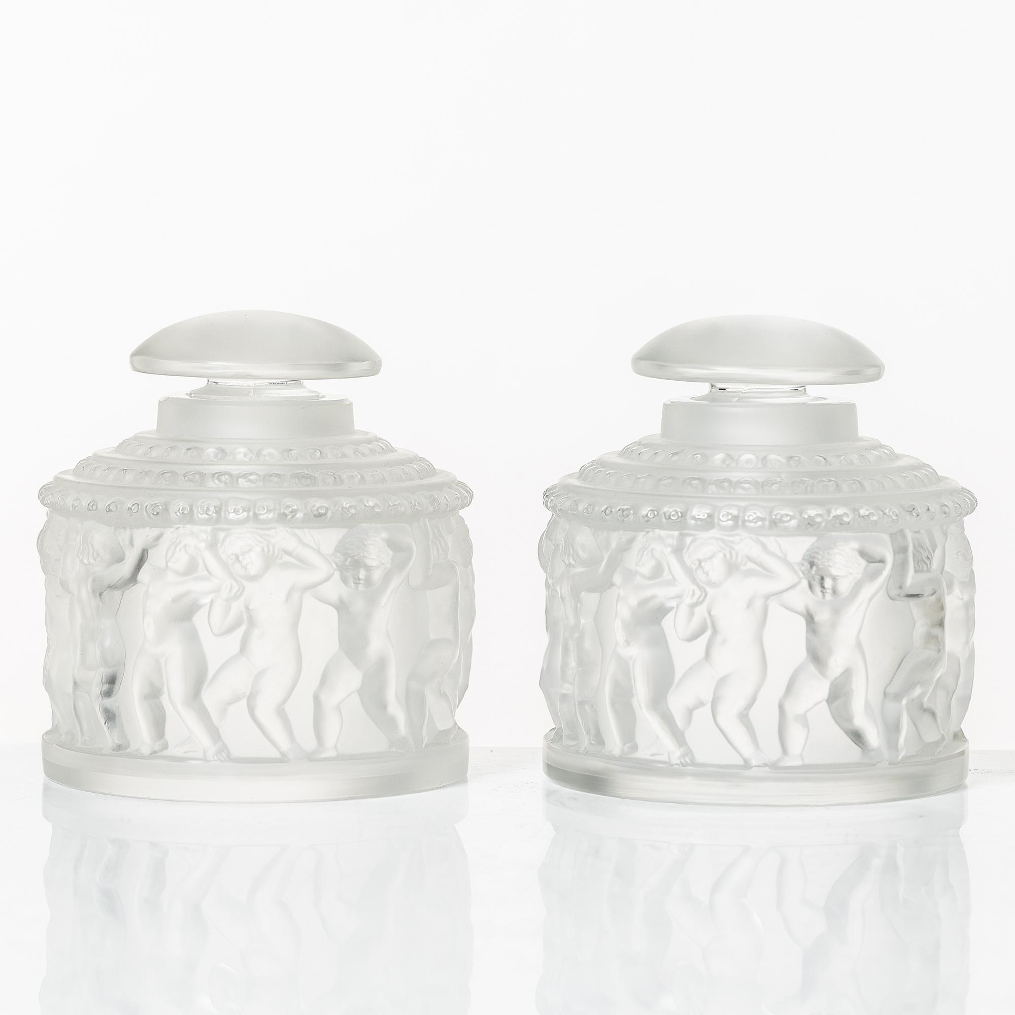 René Lalique, flacons with lids, a pair, glass, "Les Enfants", France, signed.