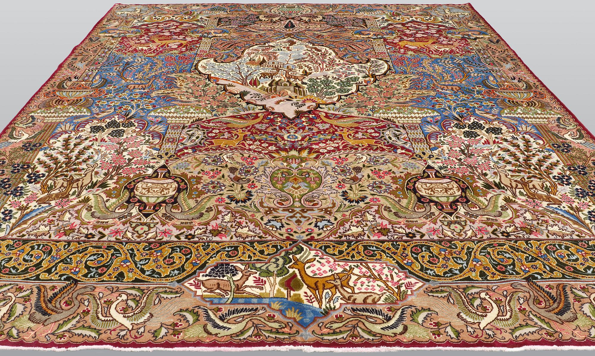 A carpet, Figural Kashmar, ca 385 x 295 cm.