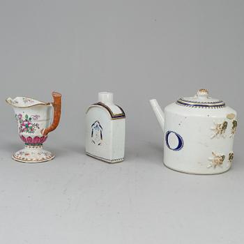 A tea pot, a milk jug and a tea caddy, Qing dynasty, 18th Century.