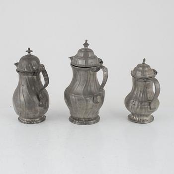 Three Rococo pewter coffee pots, 18th century.