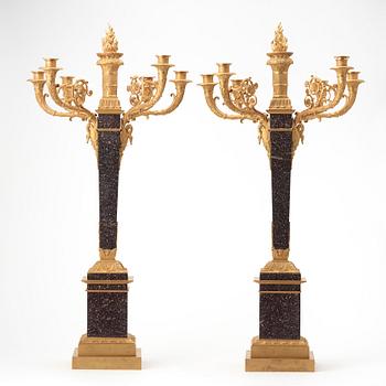 A pair of Empire style circa 1900 six-light candelabra.