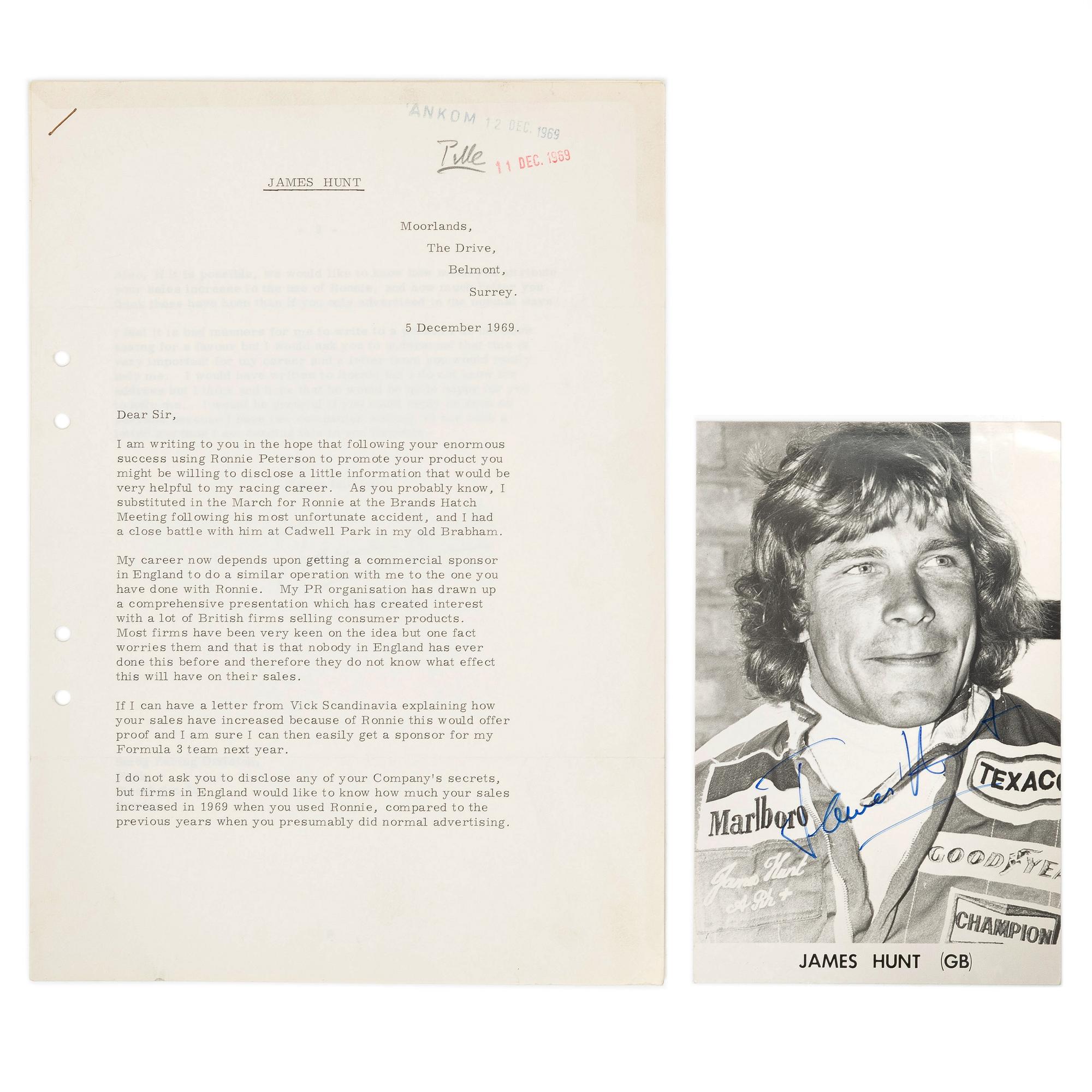 Signed letter from James Hunt to Smog Racing Division, 1969, together with a signed photograph of James Hunt.