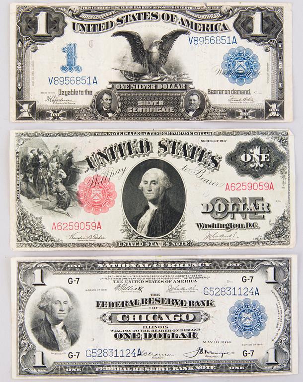 SEDLAR, 3 st, 1 dollar, USA, 1899-1918.