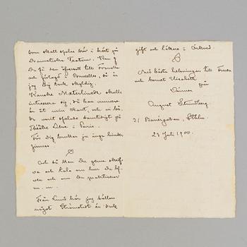 AUGUST STRINDBERG, brev, daterad 1900.
