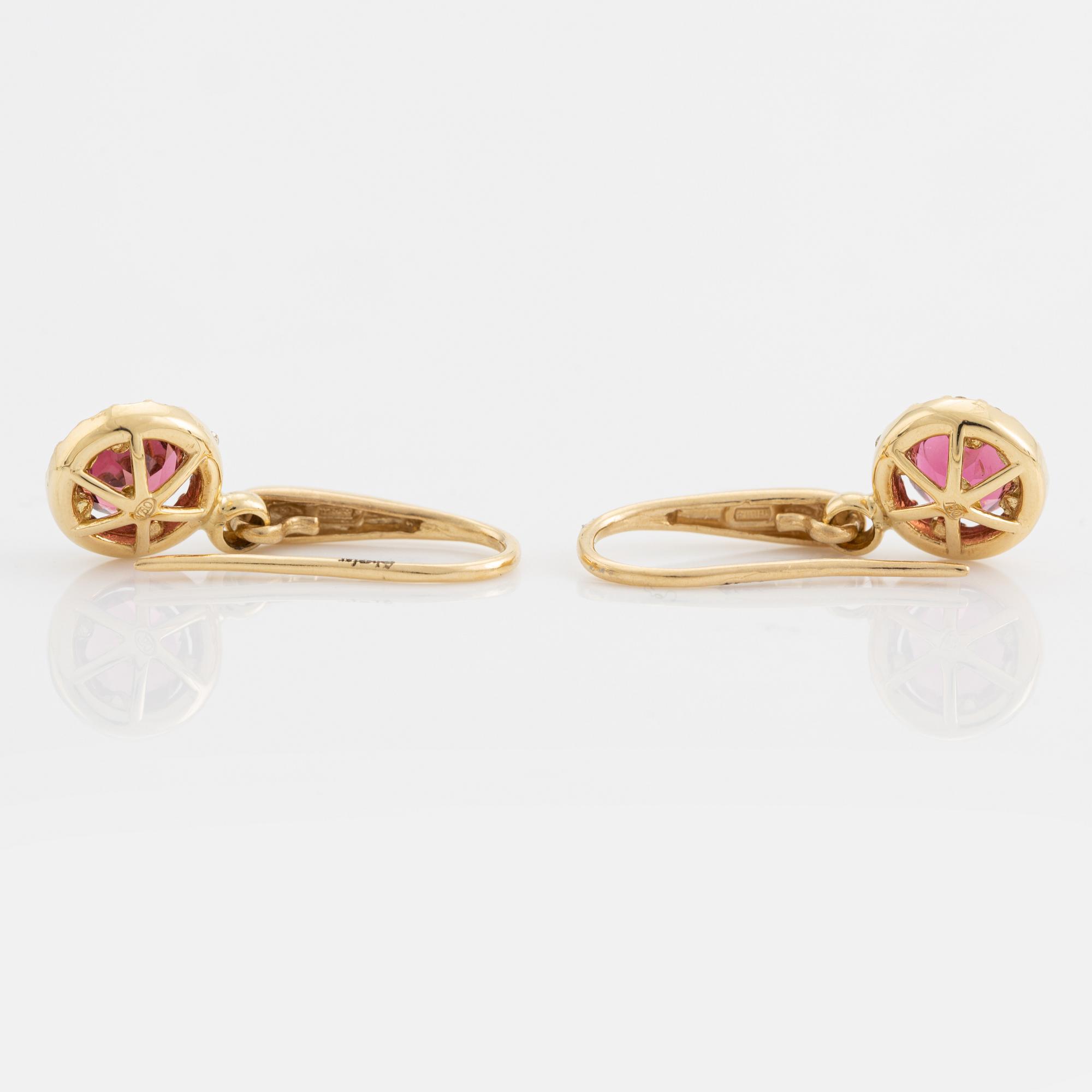 Pink tourmaline and brilliant cut diamond earrings.