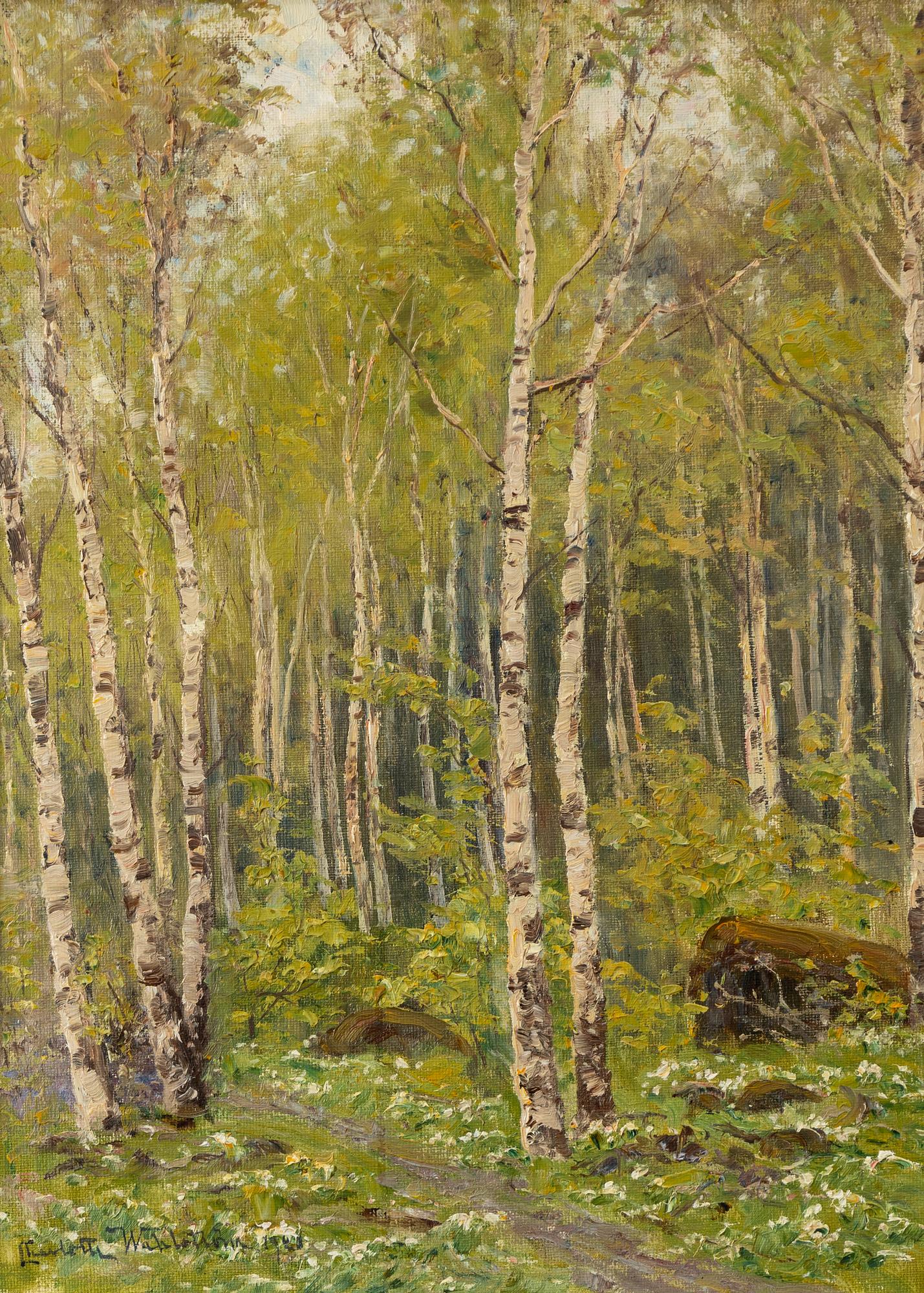 Charlotte Wahlström, Spring landscape with birches and wood anemones.