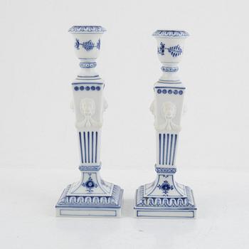 Candlesticks, a pair, porcelain, "Musselmalet", Royal Copenhagen, Denmark, 1967-68.