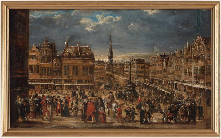 Joost Cornelisz. Droochsloot Tillskriven, Stadsbild med figurer på ett torg.
