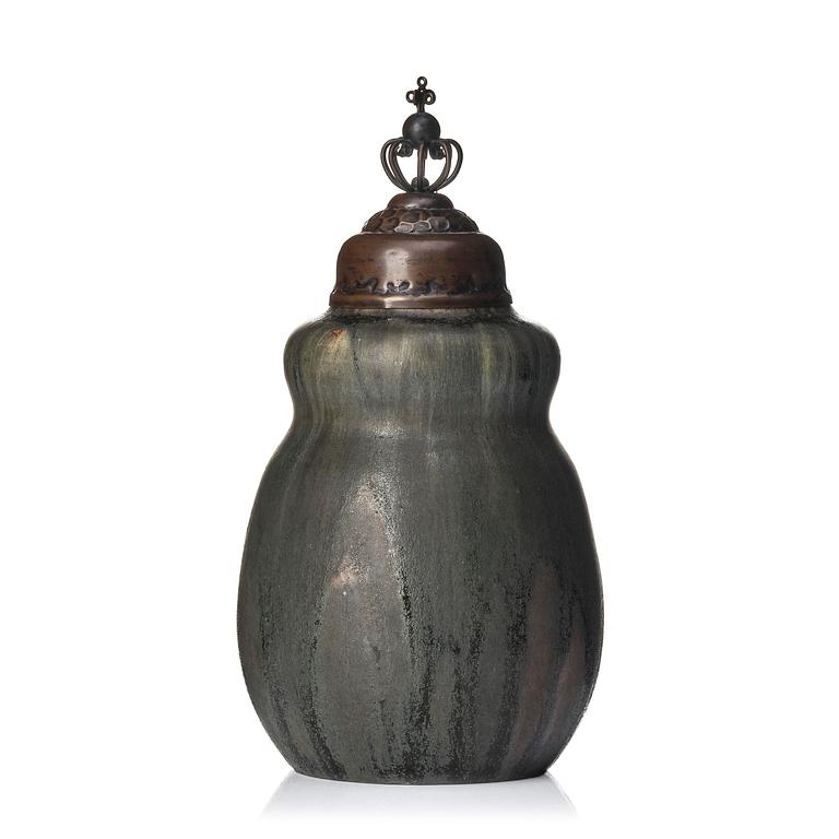 Patrick Nordström, a stoneware urn with a patinated metal cover, Royal Copenhagen, Denmark 1914.