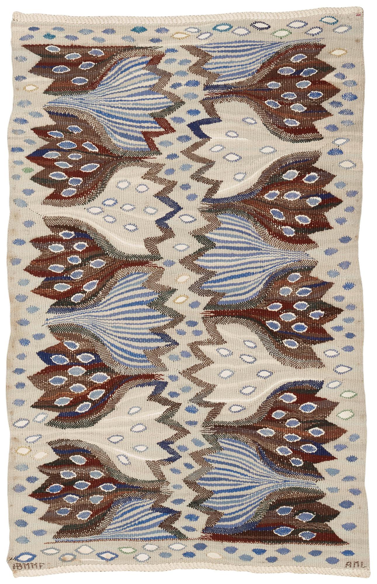 Ann-Mari Lindbom, gift Forsberg, TEXTILE. "Blå crocus". Tapestry variant. 58,3 x 94,5 cm. Signed AB MMF AML.
