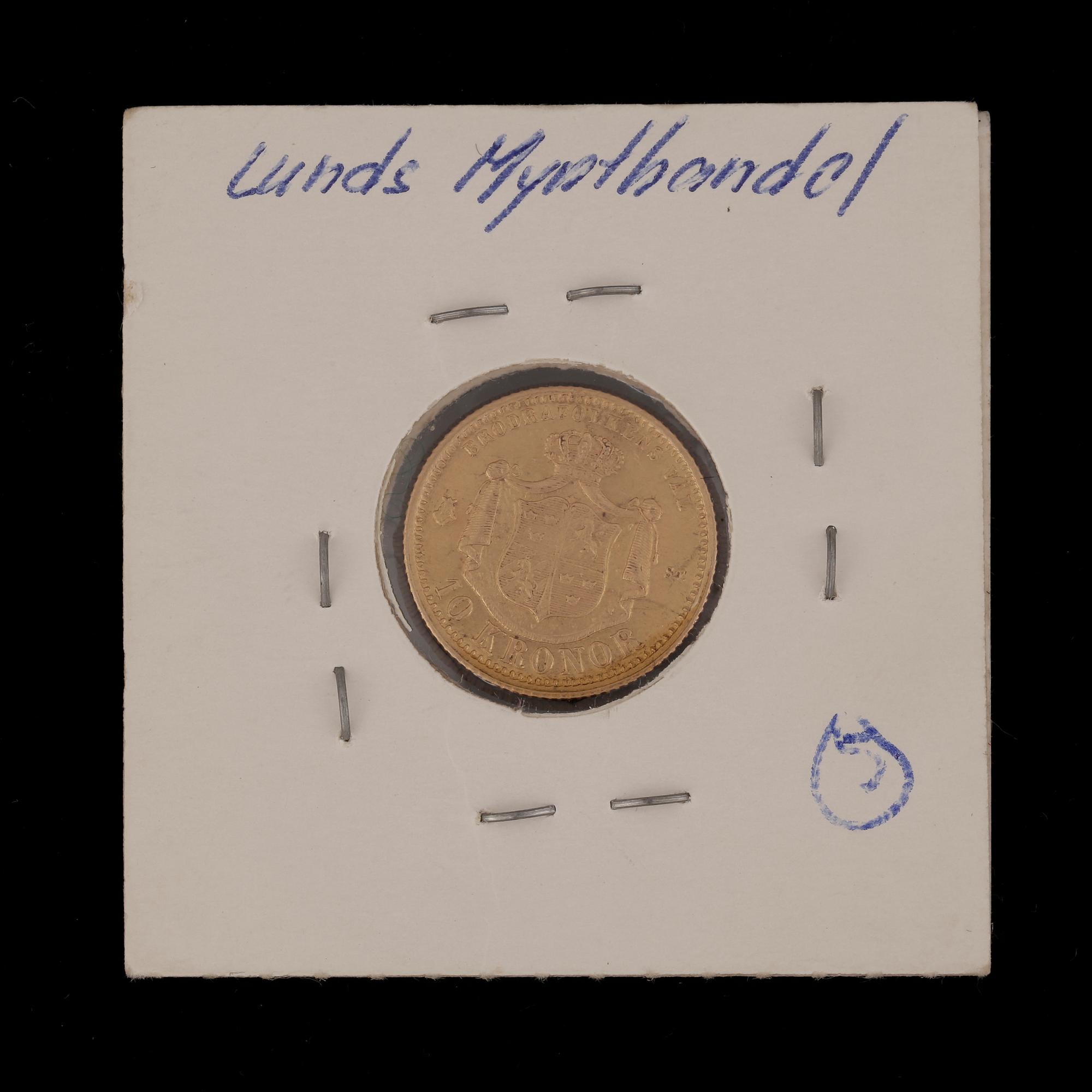 GULDMYNT, 10 kronor, Oscar II, 1874. Vikt ca 4,5 gram.