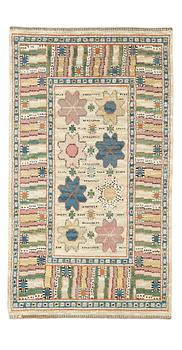 602. RUG. "Scholanders matta". Knotted pile. 218,5 x 124 cm. Signed MMF.