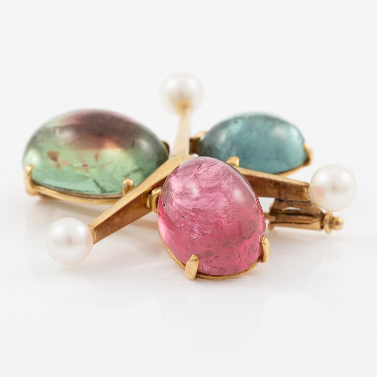 Brooch, Carlman, 18K gold with cabochon-cut tourmaline and pearls.