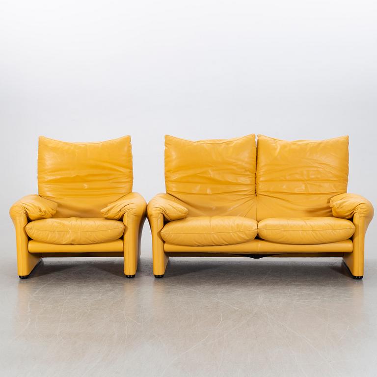 A "Maralunga" leather sofa and easy chair by Vico Magistretti, Italy.