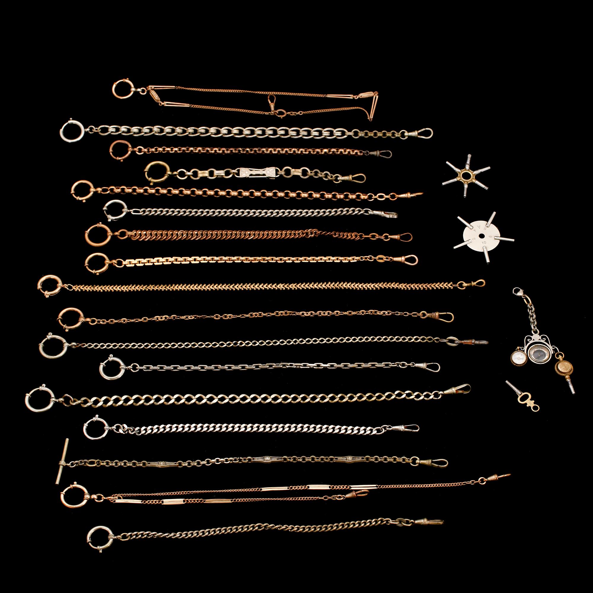 SAMLING KLOCKKEDJOR, ca 19 st, sekelskiftet 1900.