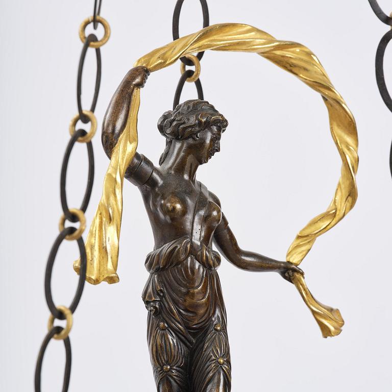 A patinated and ormolu six-light Empire chandelier, Stockholm, first part 19th century.