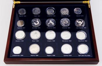 Set of Olympic coins, 21 pcs, partly silver, Olympic Coin Collection 1952-2002 boxed set and Athens 2004.