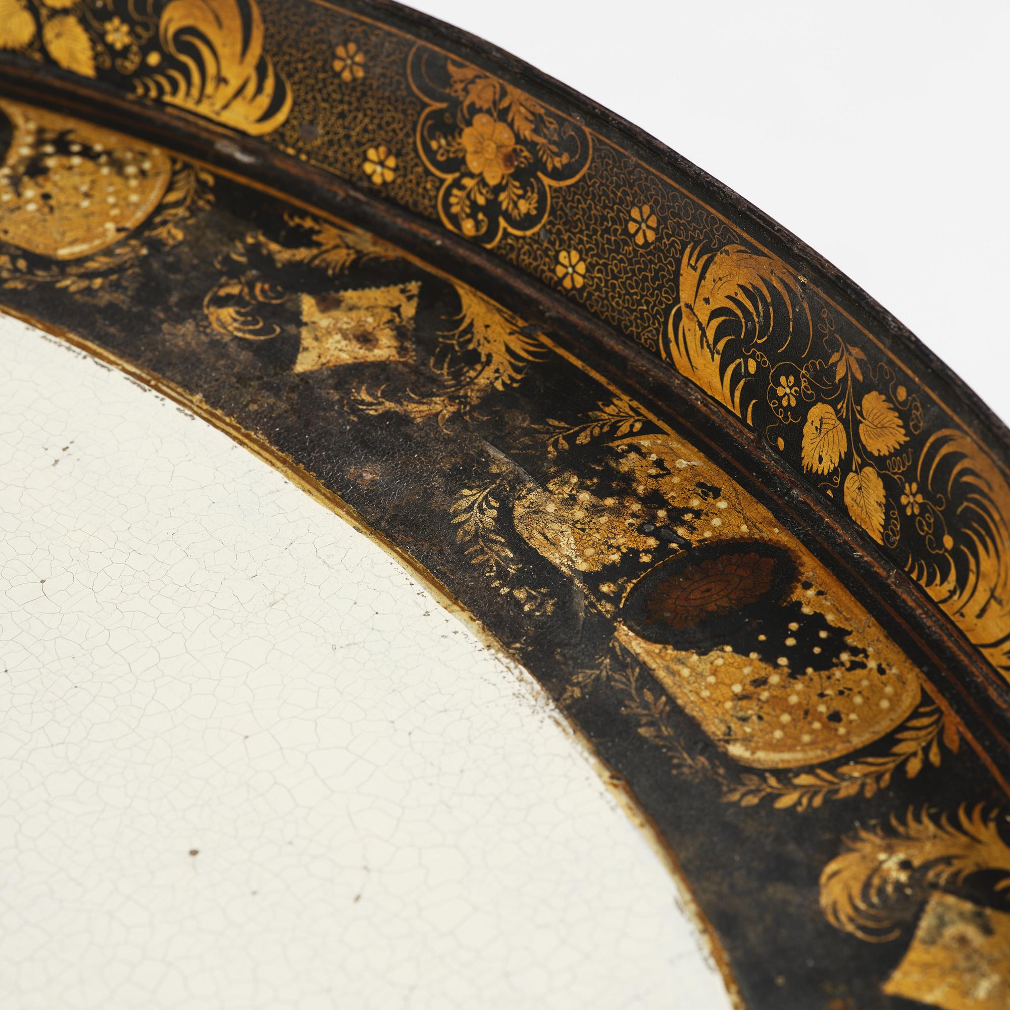 A tole-peinte Empire tray, first part 19th century on a later stand.