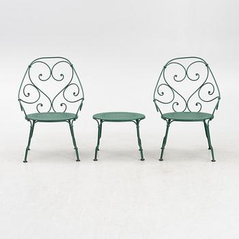 Fermob, three pieces of garden furniture, '1900 Cabriolet Armchair' and '1900 Low Table'.