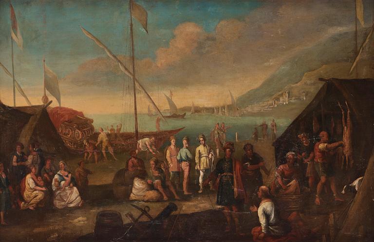 Hendrik van Minderhout, follower of, Harbor scene with oriental merchants.
