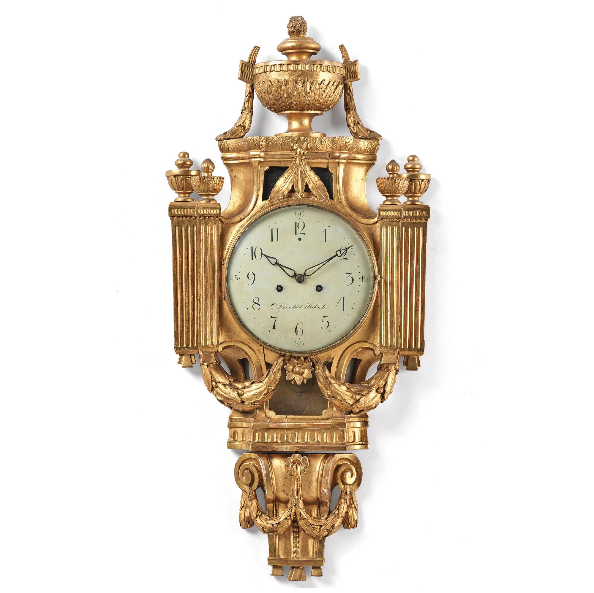 A Gustavian giltwood cartel clock by O. Ljundahl (watchmaker in Stockholm 1775-80).