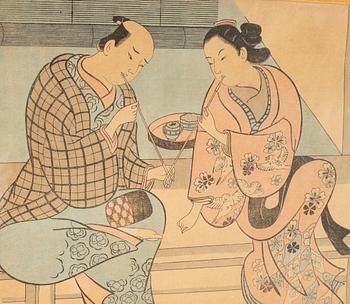 Okumura Masanobu, presumably after, woodblock print in colours, 19th Century.