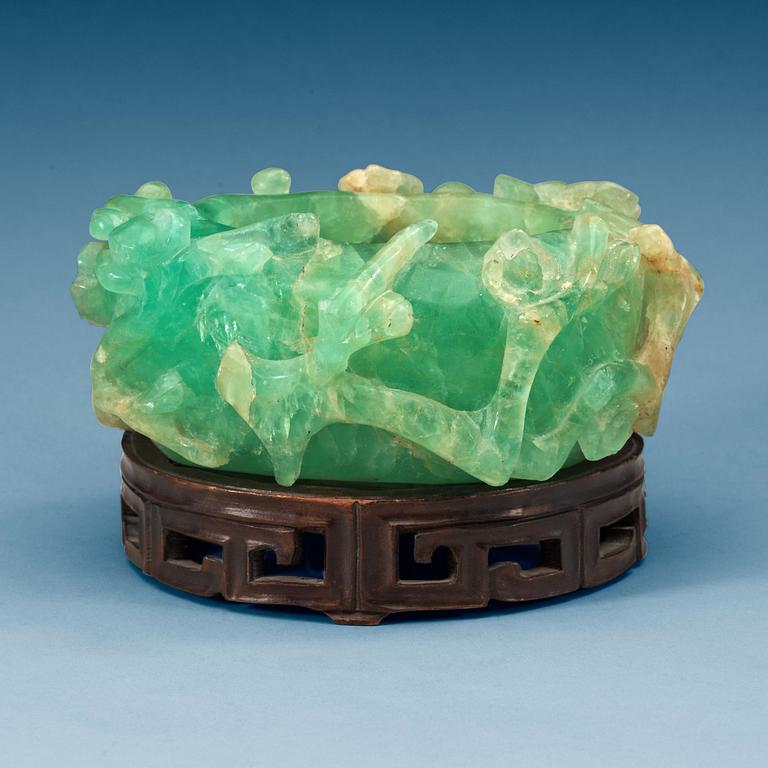 A Chinese green stone brush pot, first part of 20th Century.