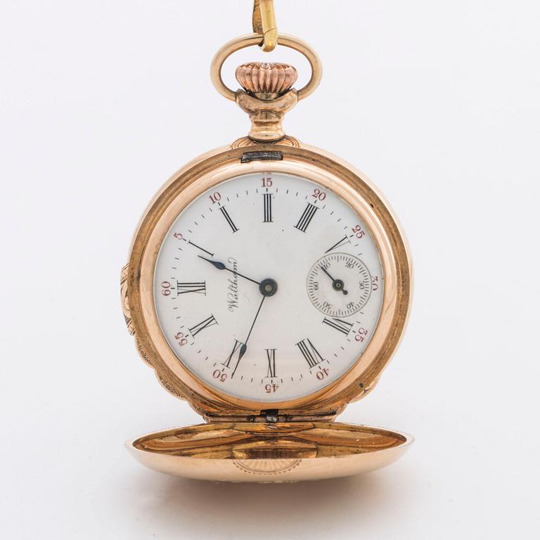 POCKET WATCH 14K gold Waltham and CHAIN 18K gold w 7 old-cut diamonds, 33 mm.