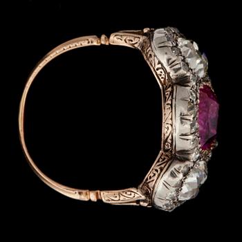 A natural ruby, 3.41 cts, and old-cut diamonds, total carat weight circa 2.00 cts, ring.