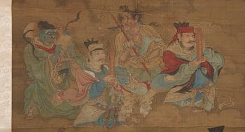 A fine daoist painting of gods holding written spells,  attendants and horsemen, Ming dynasty, 17th century.