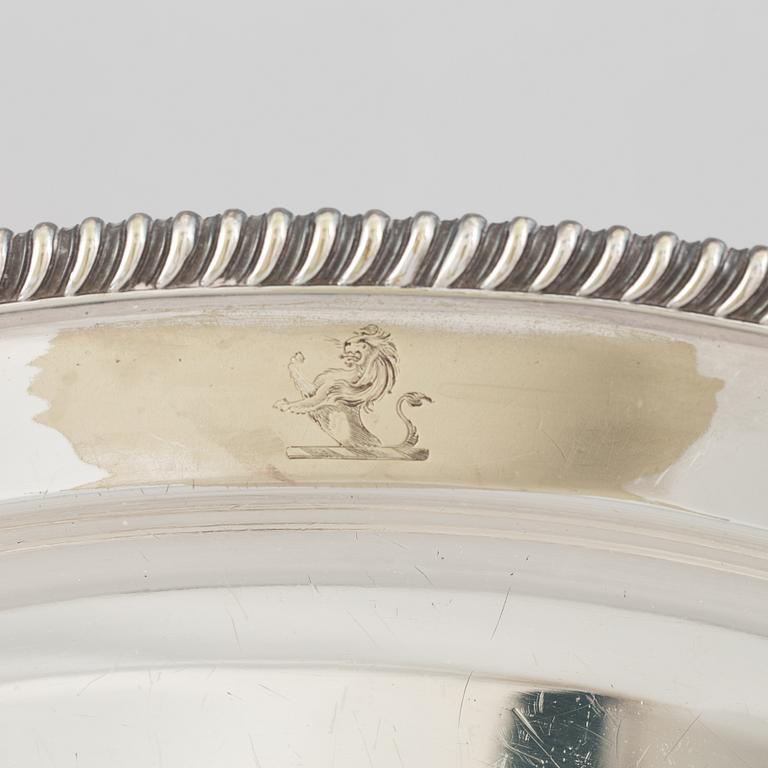 A silver plate food dome cover, Atkin Brothers, Sheffield, England, and a dish, circa 1900.