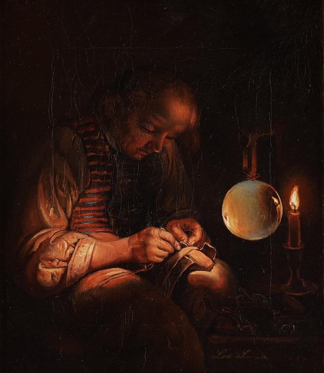 Lea Ahlborn, Self portrait, working by the candlelight.