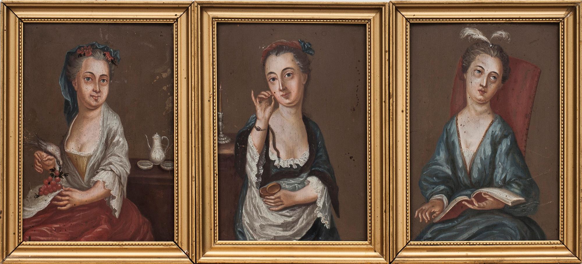 OKÄND KONSTNÄR, 3 st. Olja på pannå, 1800-talets första hälft.