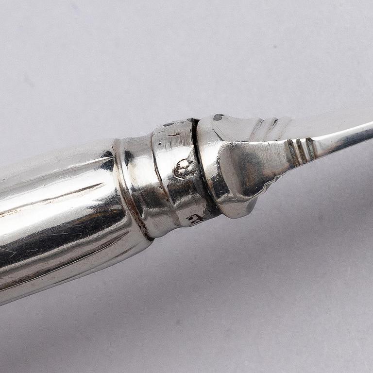 A Swedish set of 19 piece silver table-cutlery, marks of  Isak Trybom, Stockholm 1779-1780.