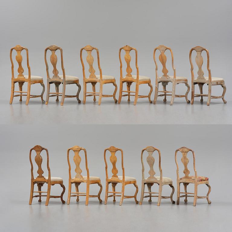An assembled suite of eleven Swedish rococo chairs, later part 18th century.