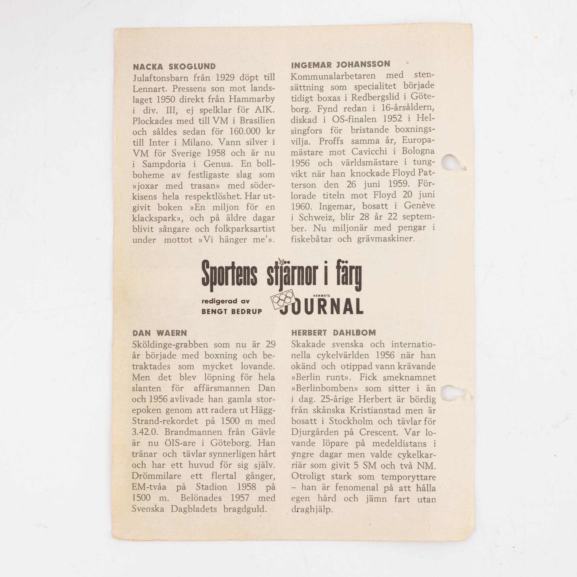 Idol cards, "Sportens stjärnor", Hemmets Journal, 1960s.