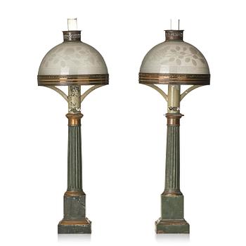 187. A pair of Empire painted sheet metal carcel oil lamps.