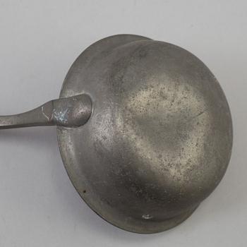 FOUR PEWTER AND SHELL SOUP LADLES, 18th/19th century.