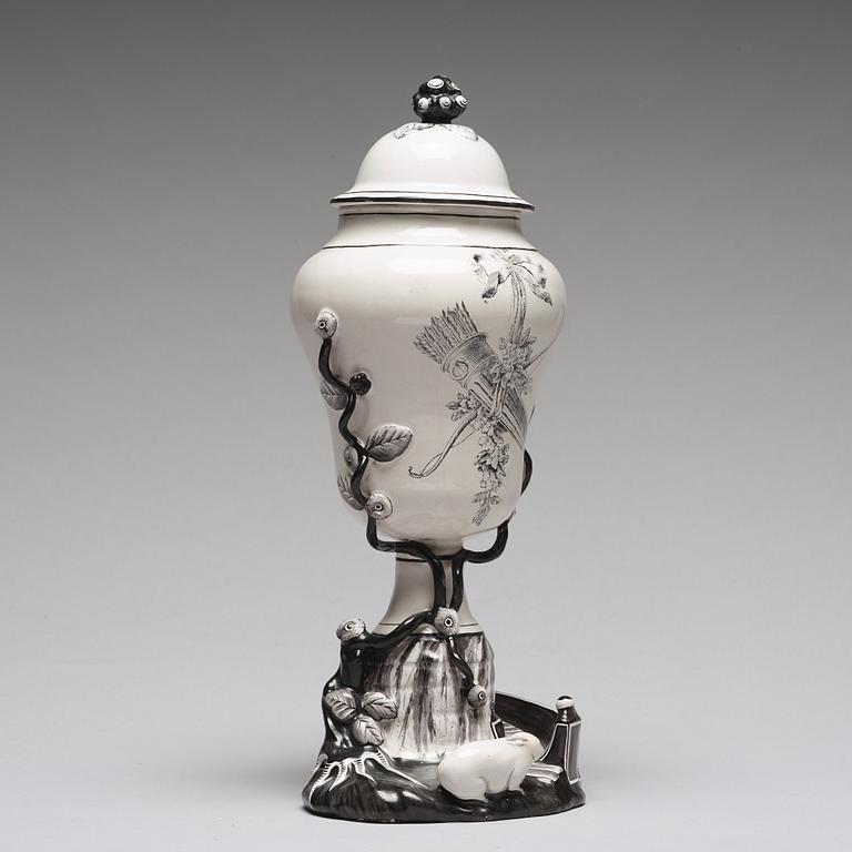 A grisaille Marieberg vase with cover, 18th Century.