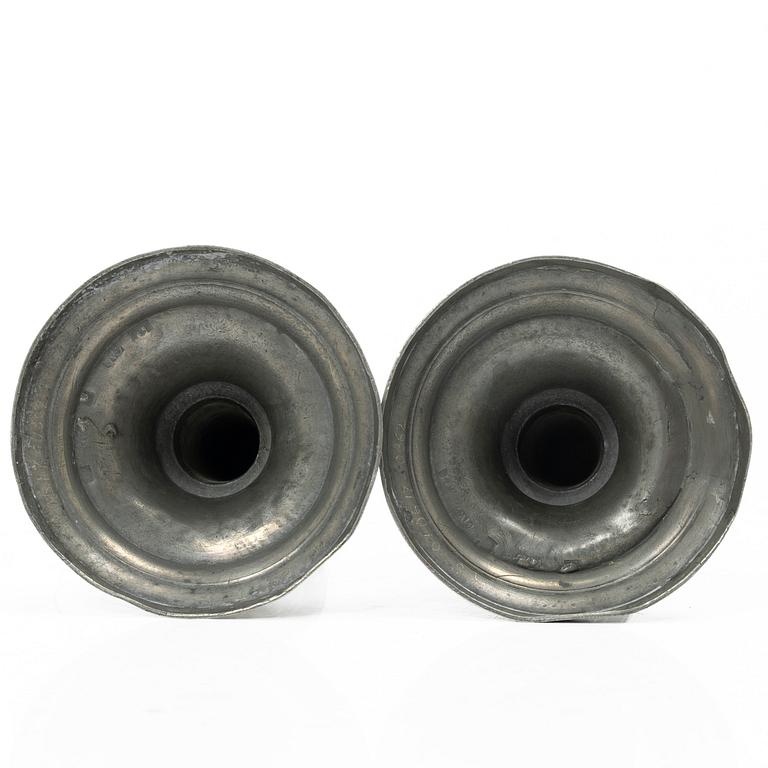 A pair of pewter candle sticks, Sweden, possibly 1844.